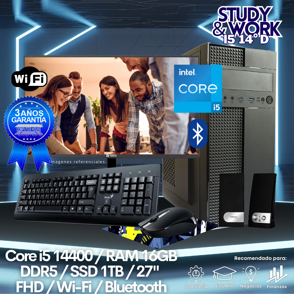 Desktop Core i5-14400 "D", RAM 16GB DDR5, SSD 1TB, Wi-Fi, Bluetooth, Monitor 27″ FHD, Kit Teclado + Mouse, Parlantes o Audífono.