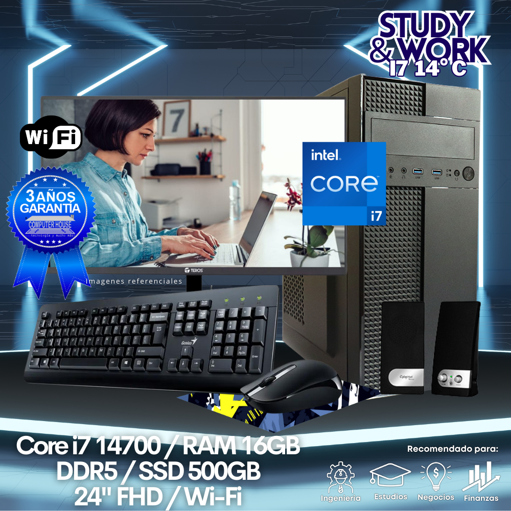 Desktop Core i7-14700 "C", RAM 16GB DDR5, SSD 500GB, Wi-Fi, Monitor 24″ FHD, Kit Teclado + Mouse, Parlantes o Audífono.