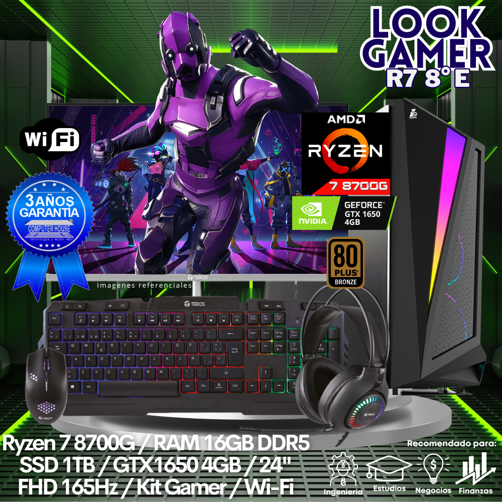 LOOK GAMER Ryzen 7-8700F "E", RAM 16GB DDR5, SSD 1TB, Video GTX1650 4GB, Wi-Fi, Monitor 24″ FHD 165Hz, Kit Gamer.