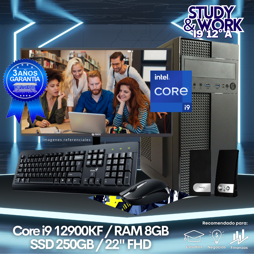 Desktop Core i9-12900K "A", RAM 8GB, SSD 250GB, Monitor 22″ FHD, Kit Teclado + Mouse, Parlantes o Audífono.