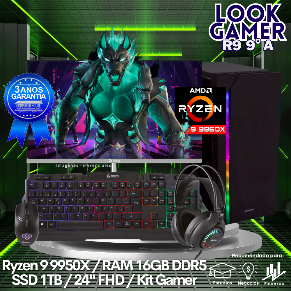 LOOK GAMER Ryzen 9-9900X "A", RAM 16GB DDR5, SSD 1TB, Wi-Fi, Enfriamiento Líquido, Monitor 24″ FHD, Kit Gamer.