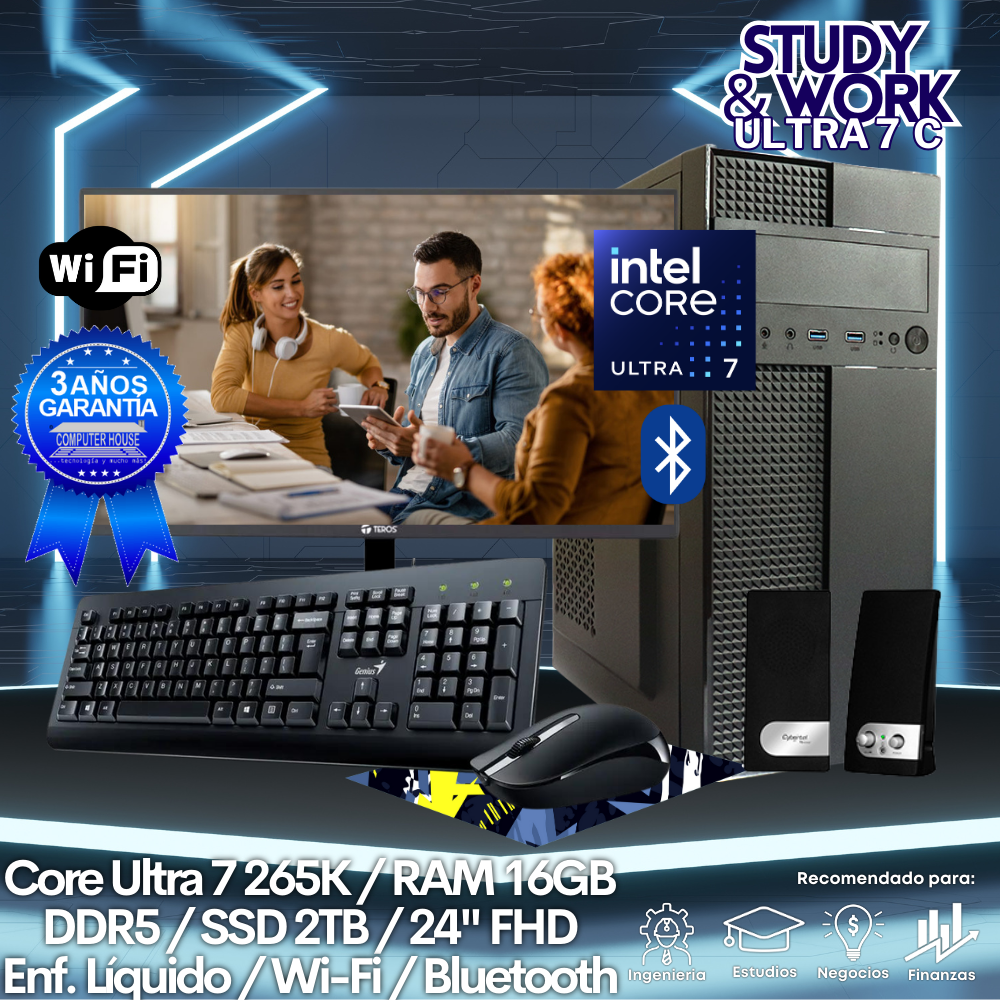 Desktop Core Ultra 7-265K "C", RAM 16GB DDR5, SSD 1TB, Wi-Fi, Bluetooth, Enfriamiento Líquido, Monitor 24″ FHD, Kit Teclado + Mouse, Parlantes o Audífono.