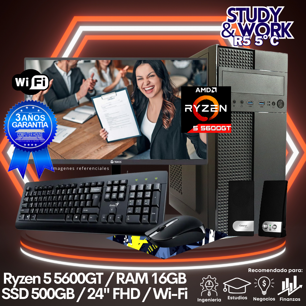 Desktop Ryzen 5-5600GT "C", RAM 16GB, SSD 500GB, Wi-Fi, Monitor 24″ FHD, Kit Teclado + Mouse, Parlantes o Audífono.