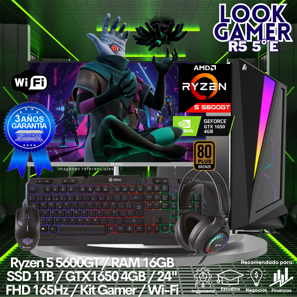 LOOK GAMER Ryzen 5-5600GT "E", RAM 16GB, SSD 1TB, Video GTX1650 4GB, Wi-Fi, Monitor 24″ FHD 165Hz, Kit Gamer.