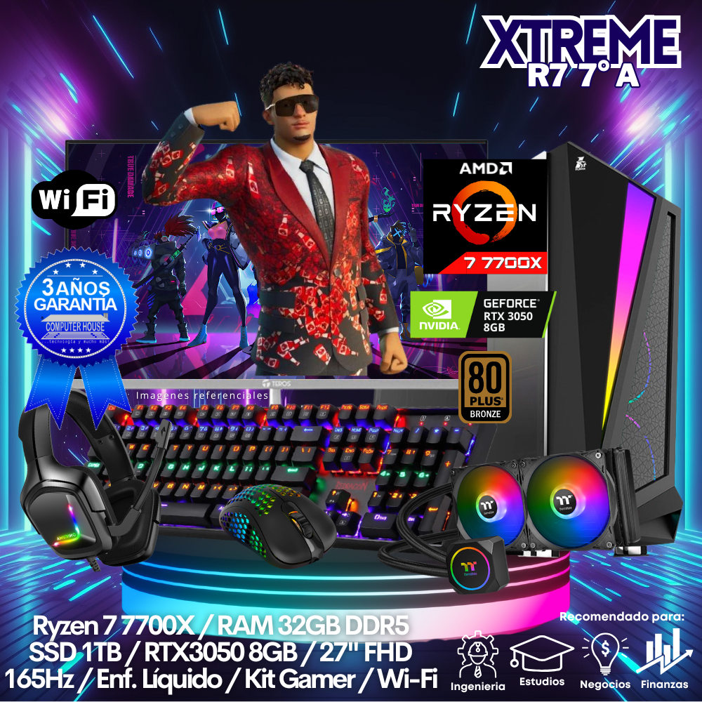 XTREME Ryzen 7-7700X "A", RAM 32GB DDR5, SSD 1TB, Video RTX3050 8GB, Wi-Fi, Enfriamiento Líquido, Monitor 27″ FHD 165Hz, Kit Gamer.