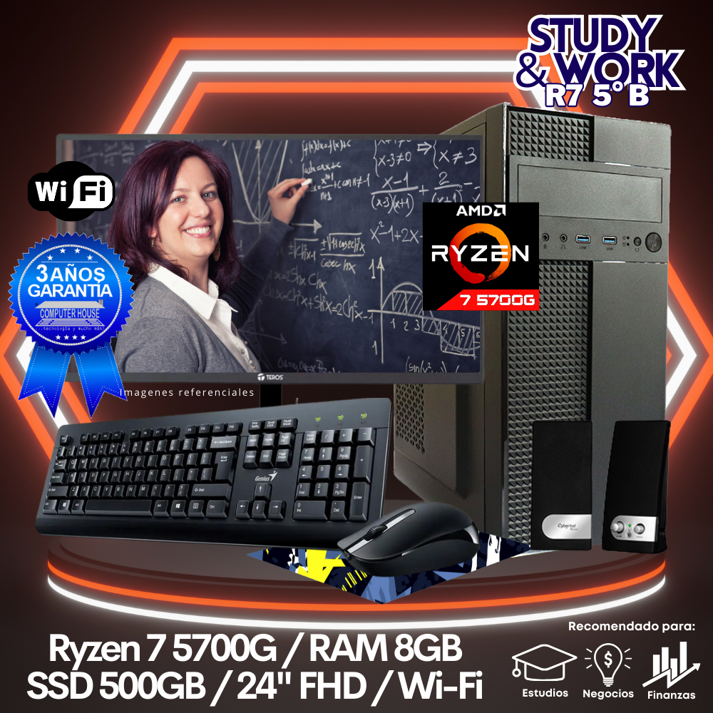 Desktop Ryzen 7-5700G "B", RAM 8GB, SSD 500GB, Wi-Fi, Monitor 24″ FHD, Kit Teclado + Mouse, Parlantes o Audífono.