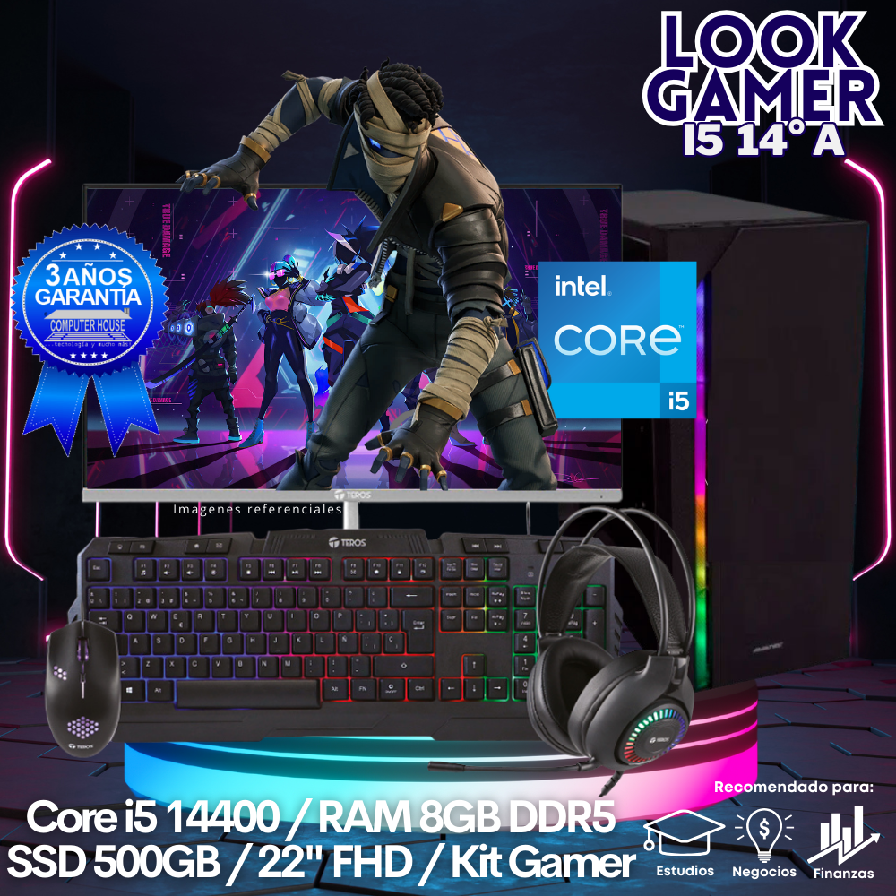 LOOK GAMER Core i5-14400 "A", RAM 8GB DDR5, SSD 500GB, Monitor 22″ FHD, Kit Gamer.