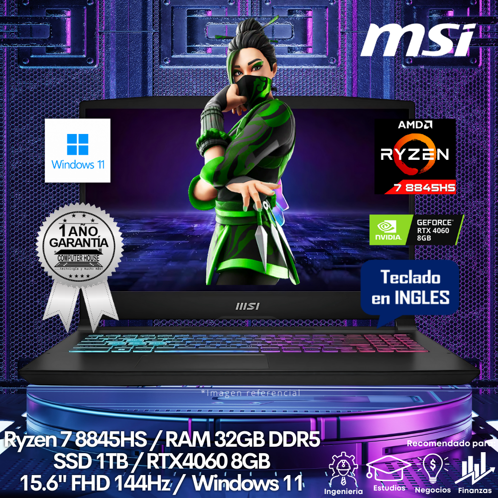 Laptop MSI Katana, Ryzen 7-8845HS, RAM 32GB DDR5, SSD 1TB, Video RTX4060 8GB, 15.6" FHD 144Hz, Teclado en Inglés, Windows 11.