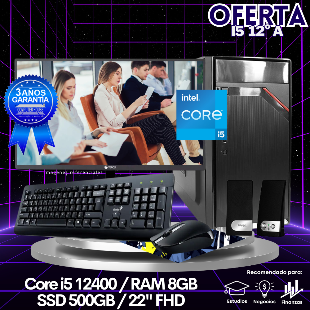 OFERTA: Desktop Core i5-12400, RAM 8GB, SSD 500GB, Monitor 22″ FHD, Kit Teclado + Mouse, Parlantes.