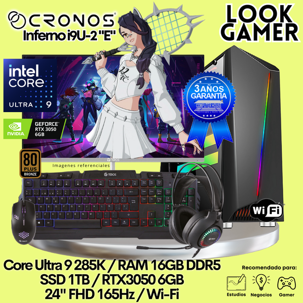 PC Look Gamer CRONOS Inferno U9-2 "E", RAM 16GB DDR5, SSD 1TB, RTX3050 6GB, Monitor 24″ FHD 165Hz, Wi-Fi.