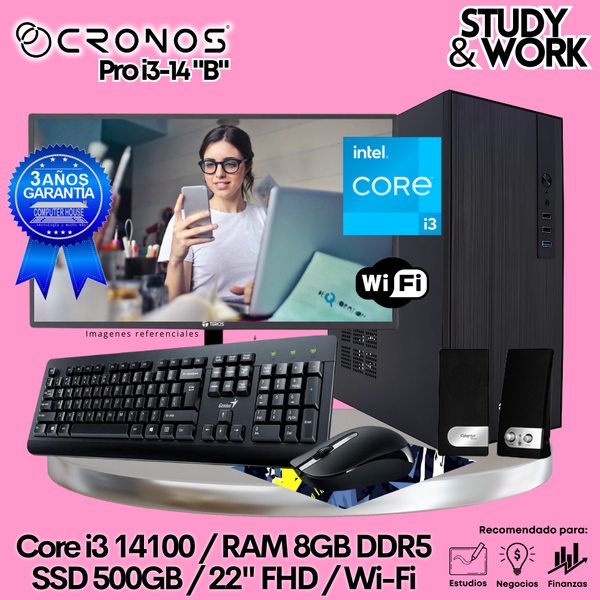 PC CRONOS Pro i3-14 "B", RAM 8GB DDR5, SSD 500GB, Monitor 22″ FHD, Wi-Fi, Kit Teclado + Mouse, Parlantes o Audífono.