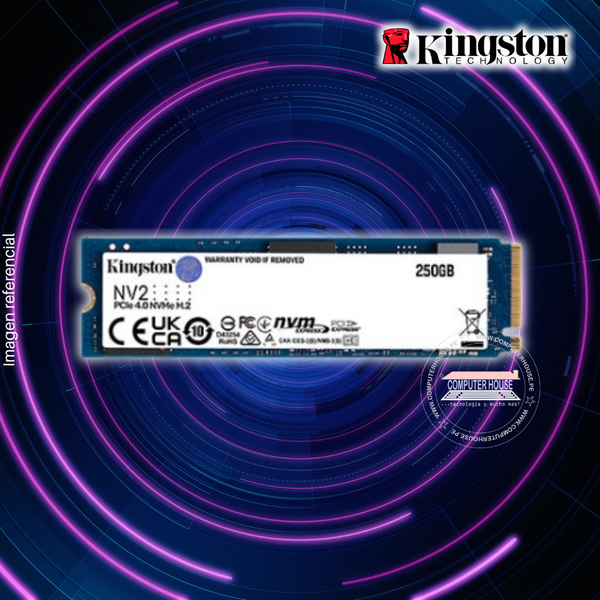 Disco Sólido SSD M.2 NVMe PCIe KINGSTON 250GB, NV2 (Lectura máxima 3000Mb/s, Escritura máxima 1300Mb/s).