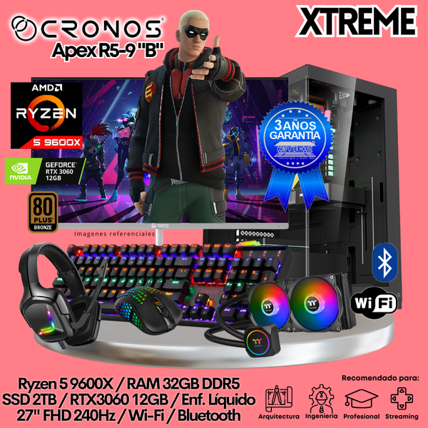 PC Xtreme CRONOS Apex R5-9 "B", RAM 32GB DDR5, SSD 2TB, RTX3060 12GB, Enfriamiento Líquido, Monitor 27″ FHD 240Hz, Wi-Fi & Bluetooth.