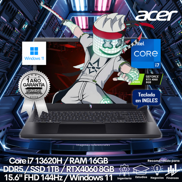 Laptop ACER Nitro V 15, Core i7-13620H, RAM 16GB DDR5, SSD 1TB, Video RTX4060 8GB, 15.6" FHD 144Hz, Teclado en Inglés, Windows 11.
