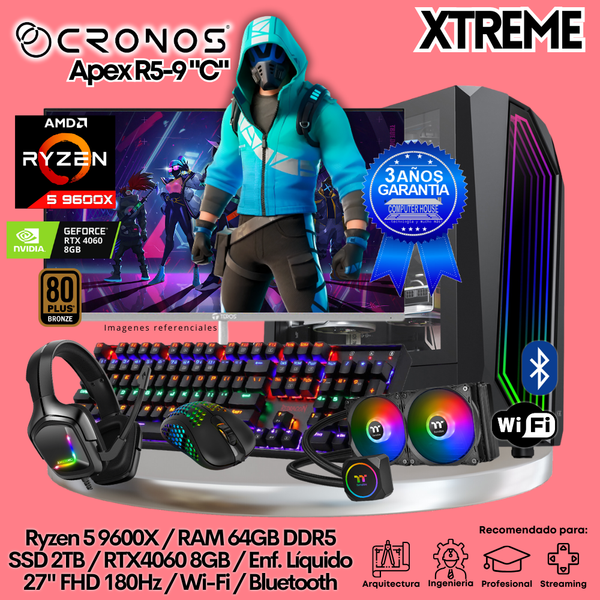 PC Xtreme CRONOS Apex R5-9 "C", RAM 64GB DDR5, SSD 2TB, RTX4060 8GB, Enfriamiento Líquido, Monitor 27″ FHD 180Hz, Wi-Fi & Bluetooth.