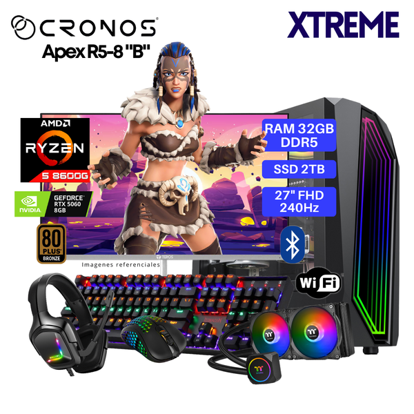 PC Xtreme CRONOS Apex R5-8 "B", RAM 32GB DDR5, SSD 2TB, RTX5060 8GB, Enfriamiento Líquido, Monitor 27″ FHD 240Hz, Wi-Fi & Bluetooth.