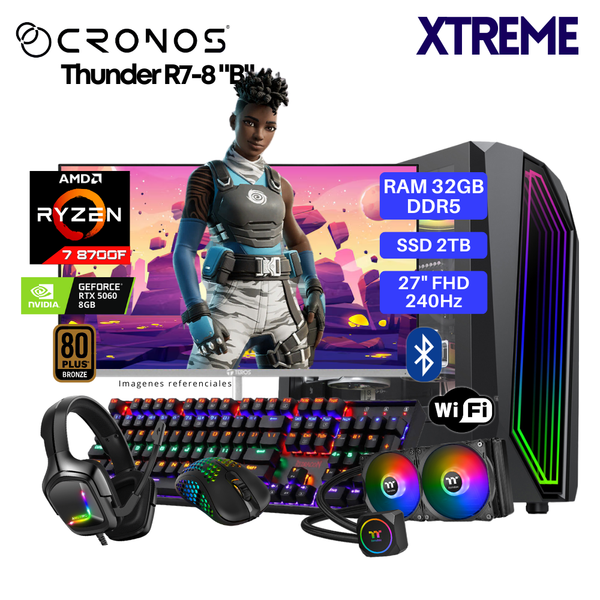 PC Xtreme CRONOS Thunder R7-8 "B", RAM 32GB DDR5, SSD 2TB, RTX5060 8GB, Enfriamiento Líquido, Monitor 27″ FHD 240Hz, Wi-Fi & Bluetooth.