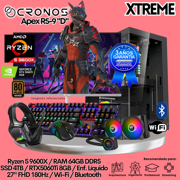 PC Xtreme CRONOS Apex R5-9 "D", RAM 64GB DDR5, SSD 4TB, RTX5060Ti 8GB, Enfriamiento Líquido, Monitor 27″ FHD 180Hz, Wi-Fi & Bluetooth.