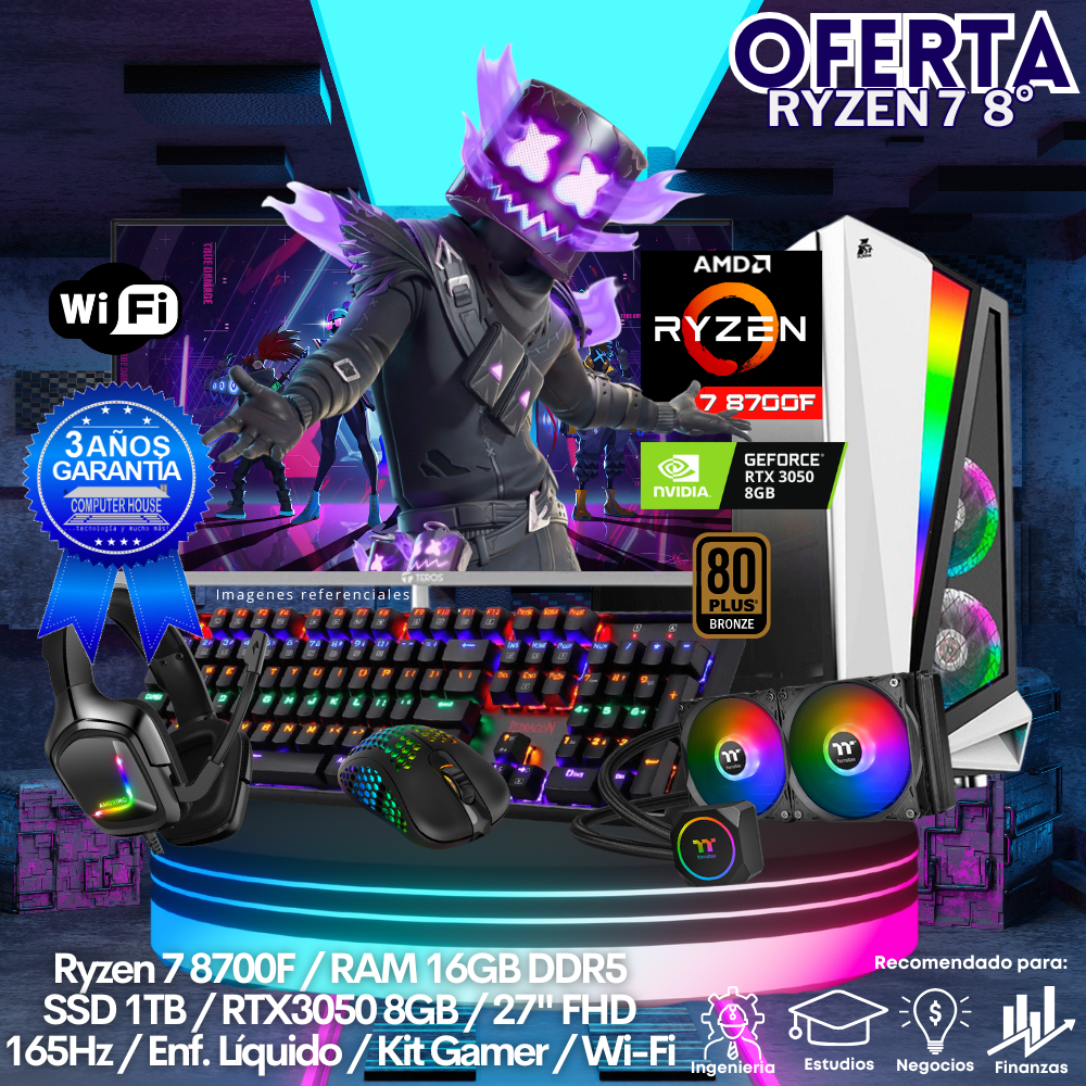 OFERTA: Xtreme Ryzen 7-8700F, RAM 16GB DDR5, SSD 1TB, Video RTX3050 8GB, Wi-Fi, Bluetooth, Enfriamiento Líquido, Monitor 27″ FHD 165Hz, Kit Gamer.