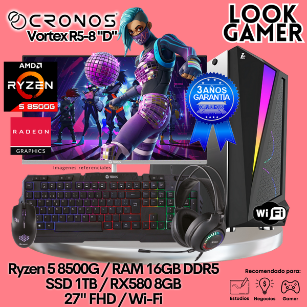 PC Look Gamer CRONOS Vortex R5-8 "D", RAM 16GB DDR5, SSD 1TB, RX580 8GB, Monitor 27″ FHD, Wi-Fi.