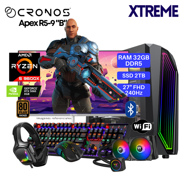 PC Xtreme CRONOS Apex R5-9 "B", RAM 32GB DDR5, SSD 2TB, RTX5060 8GB, Enfriamiento Líquido, Monitor 27″ FHD 240Hz, Wi-Fi & Bluetooth.