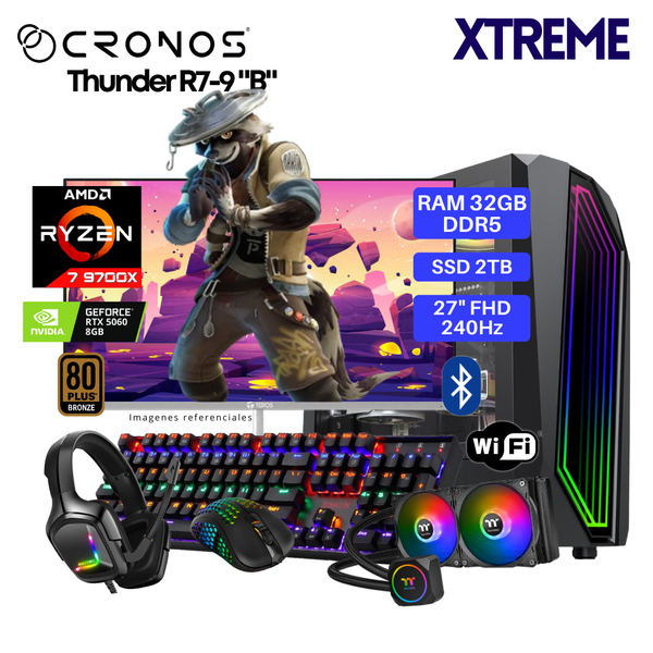 PC Xtreme CRONOS Thunder R7-9 "B", RAM 32GB DDR5, SSD 2TB, RTX5060 8GB, Enfriamiento Líquido, Monitor 27″ FHD 240Hz, Wi-Fi & Bluetooth.