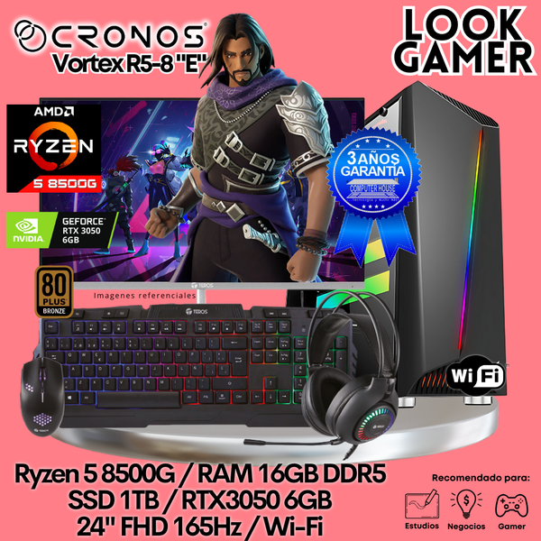 PC Look Gamer CRONOS Vortex R5-8 "E", RAM 16GB DDR5, SSD 1TB, RTX3050 6GB, Monitor 24″ FHD 165Hz, Wi-Fi.