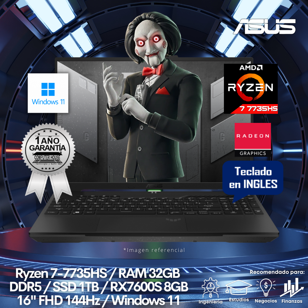Laptop ASUS Tuf Dash FA617NT, Ryzen 7-7735HS, RAM 32GB DDR5, SSD 1TB, 16" FHD 165Hz, Video RX7600S 8GB, Windows 11.