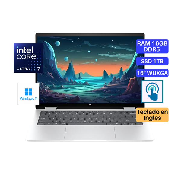 Laptop HP Envy 16-AC0023DX, Core Ultra 7-155H, RAM 16GB DDR5, SSD 1TB, 16" FHD, Pantalla Táctil, Teclado en Inglés, Windows 11.