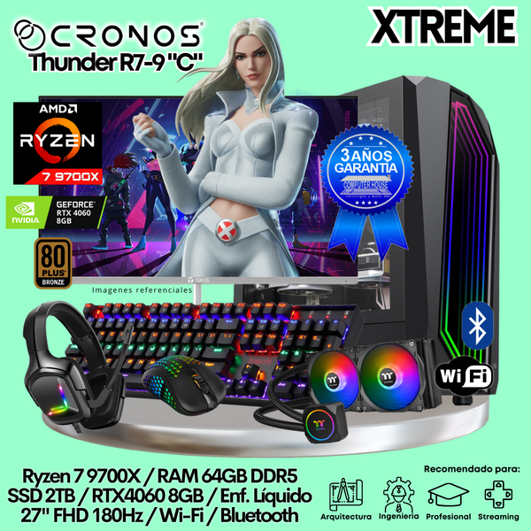 PC Xtreme CRONOS Thunder R7-9 "C", RAM 64GB DDR5, SSD 2TB, RTX4060 8GB, Enfriamiento Líquido, Monitor 27″ FHD 180Hz, Wi-Fi & Bluetooth.