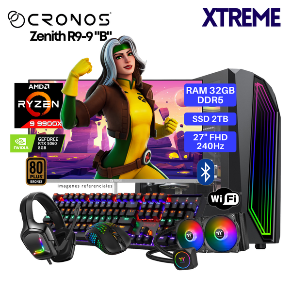 PC Xtreme CRONOS Zenith R9-9 "B", RAM 32GB DDR5, SSD 2TB, RTX5060 8GB, Enfriamiento Líquido, Monitor 27″ FHD 240Hz, Wi-Fi & Bluetooth.