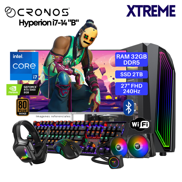 PC Xtreme CRONOS Hyperion i7-14 "B", RAM 32GB DDR5, SSD 2TB, RTX5060 8GB, Enfriamiento Líquido, Monitor 27″ FHD 240Hz, Wi-Fi & Bluetooth.