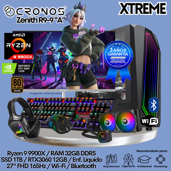 PC Xtreme CRONOS Zenith R9-9 "A", RAM 32GB DDR5, SSD 1TB, RTX3060 12GB, Enfriamiento Líquido, Monitor 27″ FHD 165Hz, Wi-Fi & Bluetooth.