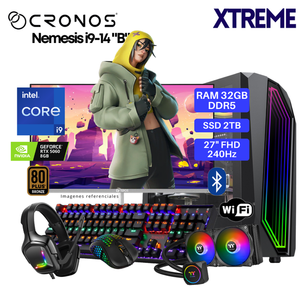 PC Xtreme CRONOS Nemesis i9-14 "B", RAM 32GB DDR5, SSD 2TB, RTX5060 8GB, Enfriamiento Líquido, Monitor 27″ FHD 240Hz, Wi-Fi & Bluetooth.