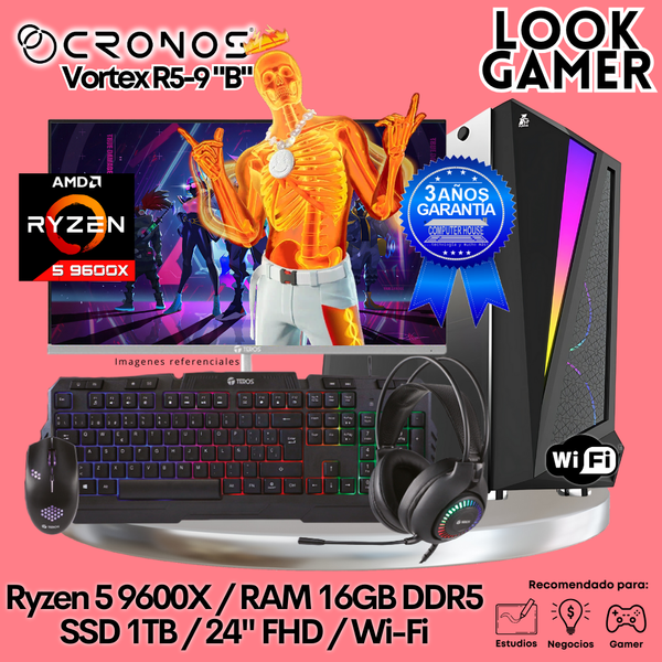 PC Look Gamer CRONOS Vortex R5-9 "B", RAM 16GB DDR5, SSD 1TB, Monitor 24″ FHD 165Hz, Wi-Fi..
