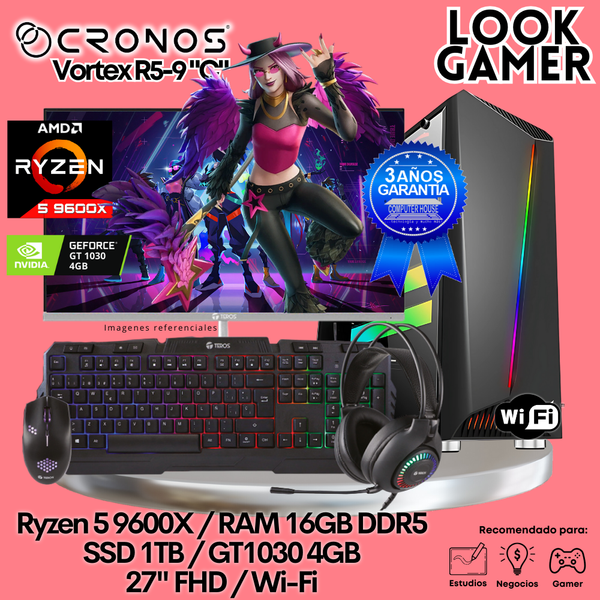 PC Look Gamer CRONOS Vortex R5-9 "C", RAM 16GB DDR5, SSD 1TB, GT1030 4GB, Monitor 27″ FHD 165Hz, Wi-Fi.