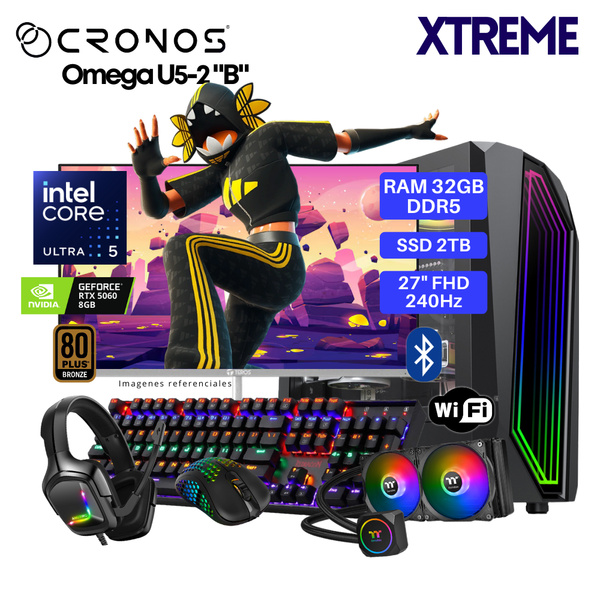 PC Xtreme CRONOS Omega U5-2 "B", RAM 32GB DDR5, SSD 2TB, RTX5060 8GB, Enfriamiento Líquido, Monitor 27″ FHD 240Hz, Wi-Fi & Bluetooth.