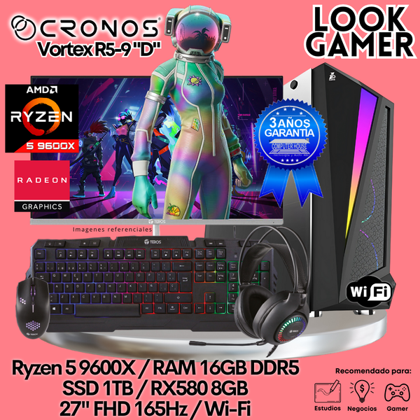 PC Look Gamer CRONOS Vortex R5-9 "D", RAM 16GB DDR5, SSD 1TB, RX580 8GB, Monitor 27″ FHD 165Hz, Wi-Fi.