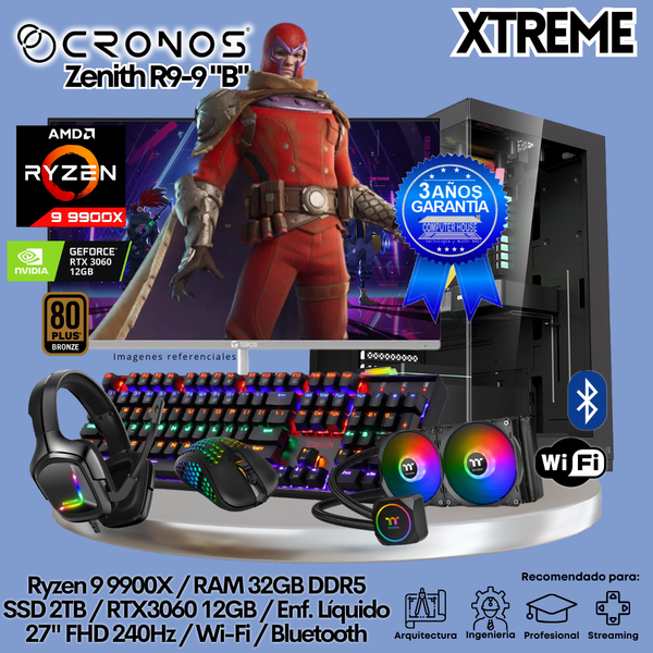 PC Xtreme CRONOS Zenith R9-9 "B", RAM 32GB DDR5, SSD 2TB, RTX3060 12GB, Enfriamiento Líquido, Monitor 27″ FHD 240Hz, Wi-Fi & Bluetooth.