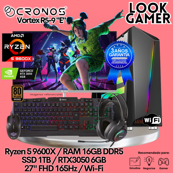 PC Look Gamer CRONOS Vortex R5-9 "E", RAM 16GB DDR5, SSD 1TB, RTX3050 6GB, Monitor 27″ FHD 165Hz, Wi-Fi.