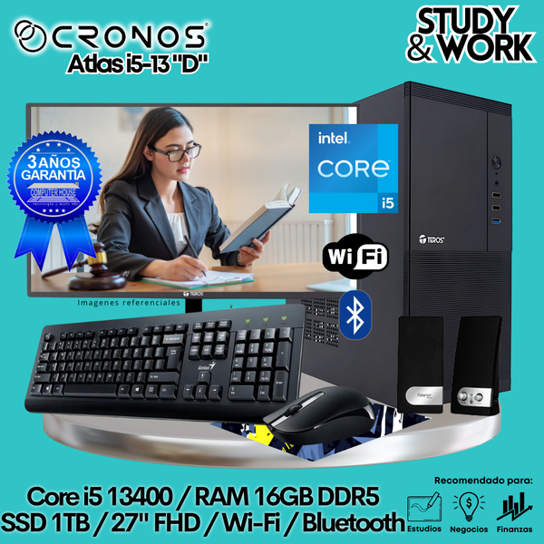 PC CRONOS Atlas i5-13 "D", RAM 16GB DDR5, SSD 1TB, Monitor 27″ FHD, Wi-Fi & Bluetooth, Kit Teclado + Mouse, Parlantes o Audífono.