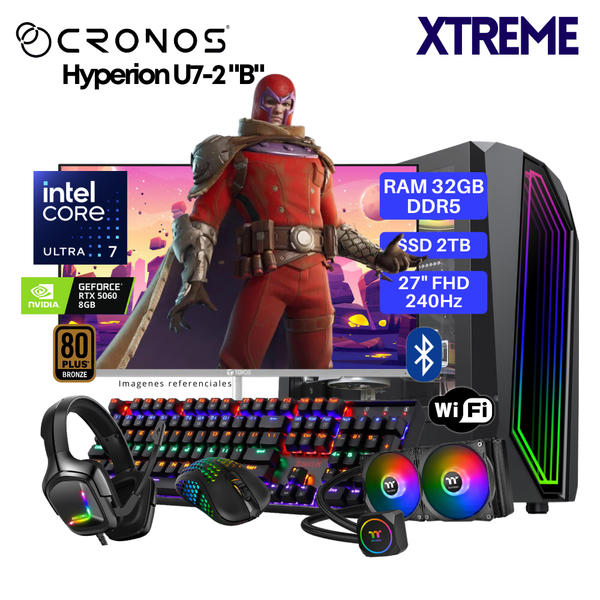 PC Xtreme CRONOS Hyperion U7-2 "B", RAM 32GB DDR5, SSD 2TB, RTX5060 8GB, Enfriamiento Líquido, Monitor 27″ FHD 240Hz, Wi-Fi & Bluetooth.