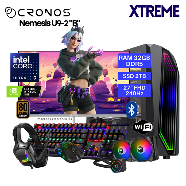 PC Xtreme CRONOS Nemesis U9-2 "B", RAM 32GB DDR5, SSD 2TB, RTX5060 8GB, Enfriamiento Líquido, Monitor 27″ FHD 240Hz, Wi-Fi & Bluetooth.