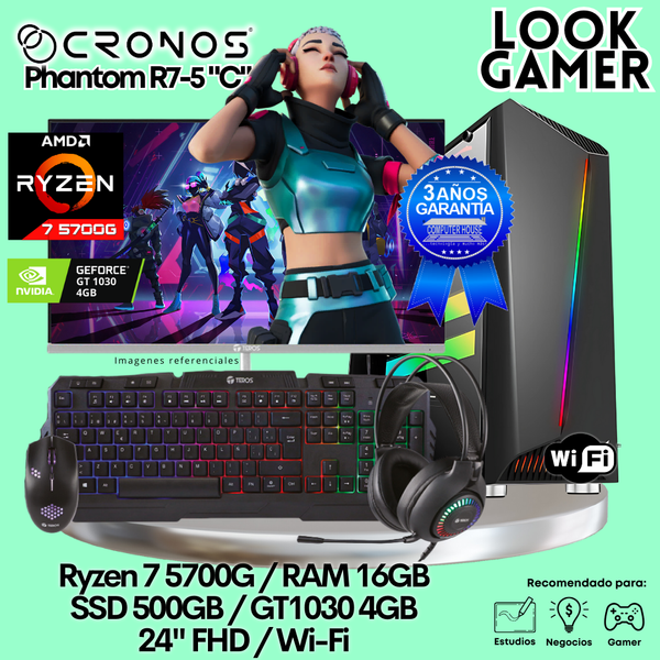 PC Look Gamer CRONOS Phantom R7-5 "C", RAM 16GB, SSD 500GB, GT1030 4GB, Monitor 24″ FHD, Wi-Fi.