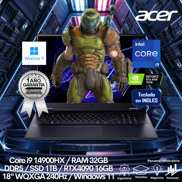 Laptop ACER Predator, Core i9-14900HX, RAM 32GB DDR5, SSD 1TB, Video RTX4090 16GB, 18″ WQXGA 240Hz, Teclado en Inglés, Windows 11.