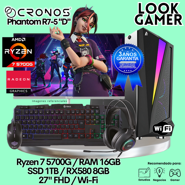 PC Look Gamer CRONOS Phantom R7-5 "D", RAM 16GB, SSD 1TB, RX580 8GB, Monitor 27″ FHD, Wi-Fi.