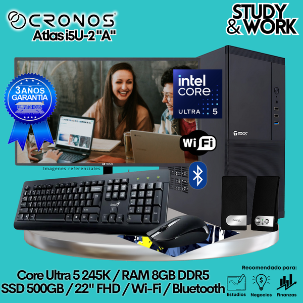 PC CRONOS Atlas U5-2 "A", RAM 8GB DDR5, SSD 500GB, Monitor 22″ FHD, Wi-Fi & Bluetooth, Kit Teclado + Mouse, Parlantes o Audífono.