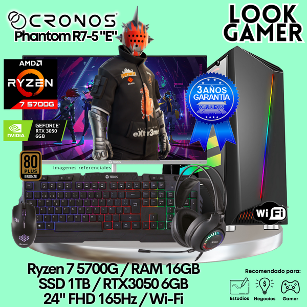 PC Look Gamer CRONOS Phantom R7-5 "E", RAM 16GB, SSD 1TB, RTX3050 6GB, Monitor 24″ FHD 165Hz, Wi-Fi.