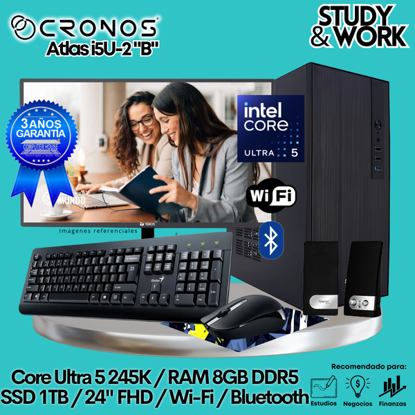 PC CRONOS Atlas U5-2 "B", RAM 8GB DDR5, SSD 1TB, Monitor 24″ FHD, Wi-Fi & Bluetooth, Kit Teclado + Mouse, Parlantes o Audífono.