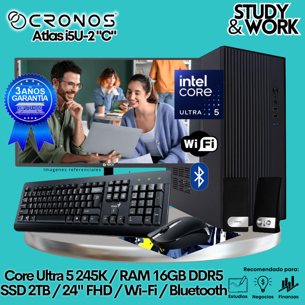 PC CRONOS Atlas U5-2 "C", RAM 16GB DDR5, SSD 2TB, Monitor 24″ FHD, Wi-Fi & Bluetooth, Kit Teclado + Mouse, Parlantes o Audífono.